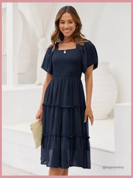 Flutter Sleeve Square Neck Smocked Midi Dress - Picture 2 of 6